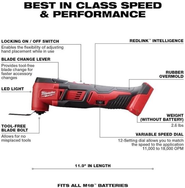 Milwaukee 4933446203 M18 18V Lithium Ion Cordless 18,000 OPM Orbiting Multi Tool with Woodcutting Blades and Sanding Pad with Sheets Included (Battery Not Included, Power Tool Only)