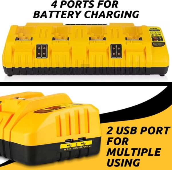 4 Ports Battery Charger Compatible with Dewalt Battery, Battery Charger Replacement for Dewalt DCB Series Battery, 3.0A 12V 18V 20V MAX Li-ion Charger with double 2.1A USB Ports