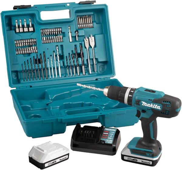 Makita HP488DAEX1 18V G-Series Combi Drill Complete with 2 x 2.0 Ah Batteries, Charger and 74 Piece Bit Set Supplied in a Carry Case, White, Grey
