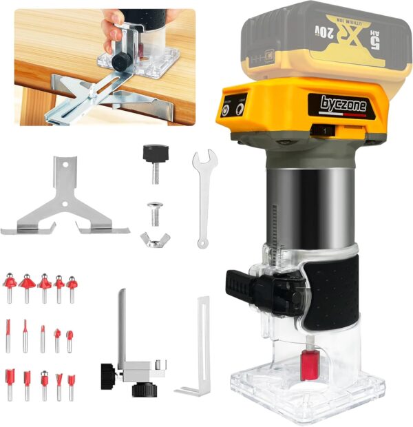 Cordless Wood Router Trimmer for Dewalt 20V Battery, 6 Speeds Wood Trimmer Set, 800W – 30000 RPM Brushless Motor Hand Palm Router with 15pcs 1/4″Shank Router Bits for Woodworking,Slotting(NO Battery)