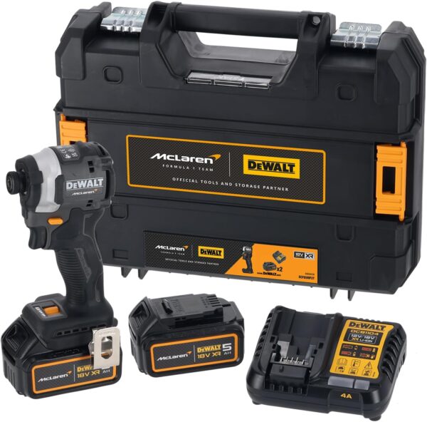 DeWalt DCF85MP2T McLaren F1 18V XR 1/4in Cordless Brushless Impact Driver with 2 x 5AH Batteries, Charger & Case
