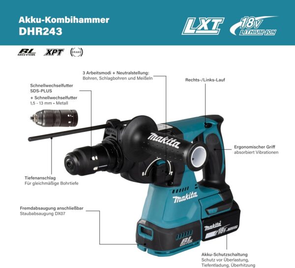 Makita DHR243Z 18V Li-ion LXT 24mm SDS-Plus Rotary Hammer – Batteries and Charger Not Included