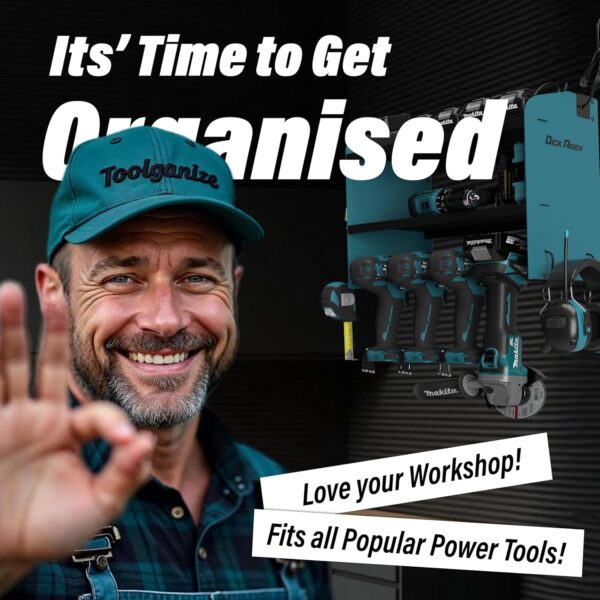 Toolganize Power Tool Organiser, Storage Rack with Power Strip Charging Station, Compatible with Makita, Heavy-Duty for Workshop & Garage Tools – 4 Slot, Makita Blue.