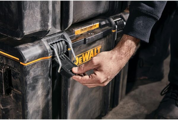 Heavy-duty toolbox with IP65 seal, 50kg load, auto-latching, removable tray, and tracker-ready design—ideal for secure, stackable jobsite tool storage.
