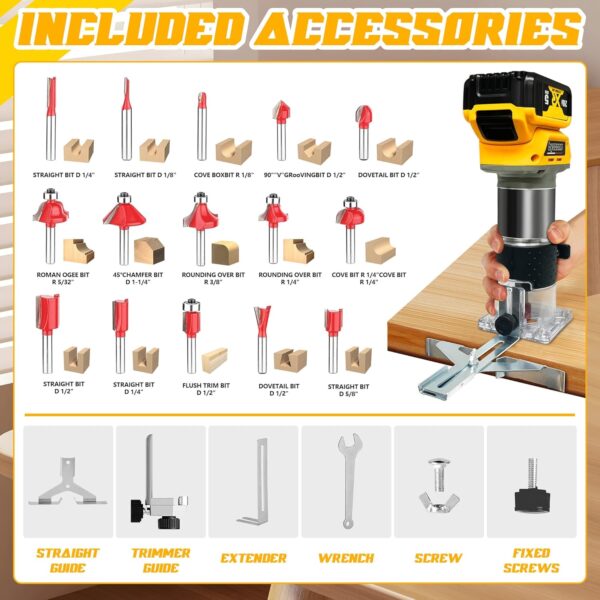 Cordless Wood Router Trimmer for Dewalt 20V Battery, 6 Speeds Wood Trimmer Set, 800W – 30000 RPM Brushless Motor Hand Palm Router with 15pcs 1/4″Shank Router Bits for Woodworking,Slotting(NO Battery)