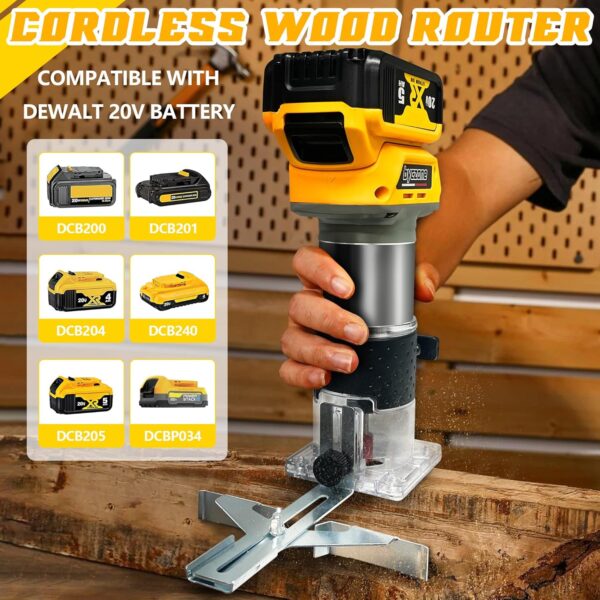 Cordless Wood Router Trimmer for Dewalt 20V Battery, 6 Speeds Wood Trimmer Set, 800W – 30000 RPM Brushless Motor Hand Palm Router with 15pcs 1/4″Shank Router Bits for Woodworking,Slotting(NO Battery)