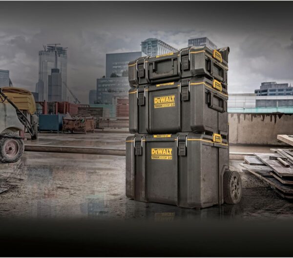 Heavy-duty toolbox with IP65 seal, 50kg load, auto-latching, removable tray, and tracker-ready design—ideal for secure, stackable jobsite tool storage.