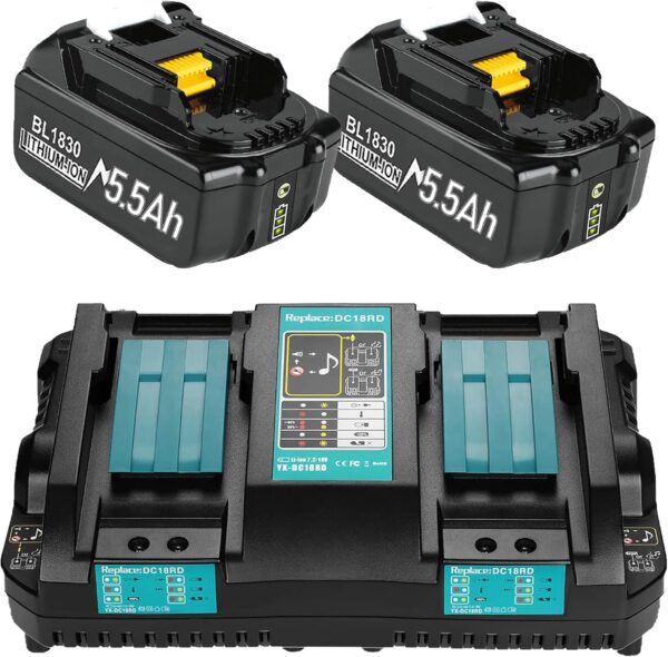 2 x 18V 5.5Ah BL1850B Batteries + 6A DC18RD Dual Port Charger Compatible with BL1830 Battery 14.4V-18V BL1850 BL1830 BL1840 BL1860 and DC18RD DC18RC DC18RCT DC18RF DC18SF Charger