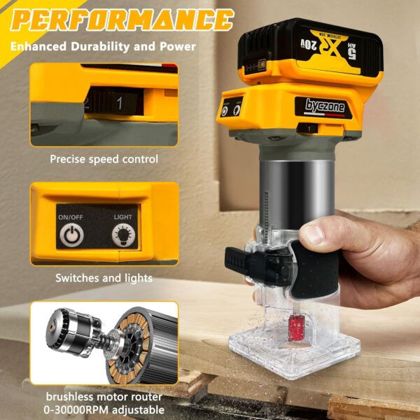 Cordless Wood Router Trimmer for Dewalt 20V Battery, 6 Speeds Wood Trimmer Set, 800W – 30000 RPM Brushless Motor Hand Palm Router with 15pcs 1/4″Shank Router Bits for Woodworking,Slotting(NO Battery)