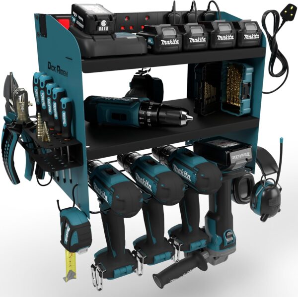 Toolganize Power Tool Organiser, Storage Rack with Power Strip Charging Station, Compatible with Makita, Heavy-Duty for Workshop & Garage Tools – 4 Slot, Makita Blue.