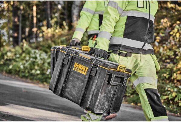 Heavy-duty toolbox with IP65 seal, 50kg load, auto-latching, removable tray, and tracker-ready design—ideal for secure, stackable jobsite tool storage.